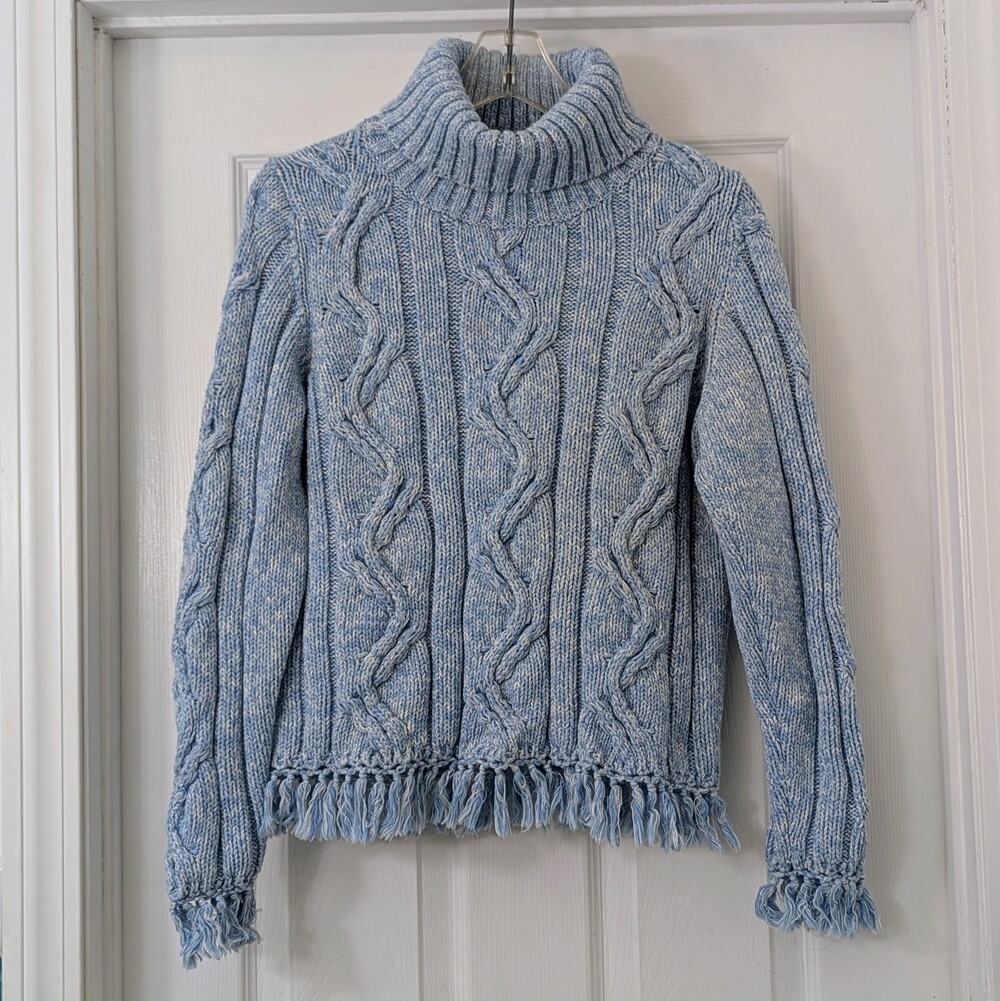 Vintage Lucia Burn Cable-Knit Turtleneck Sweater – Blue Marled Cotton – XL